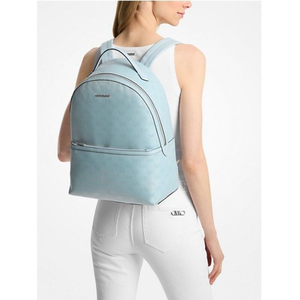 NEW MICHAEL KORS WOMENS LARGE ZIP SHEILA BACKPACK BAG  MK BLUE LOGO SILVER